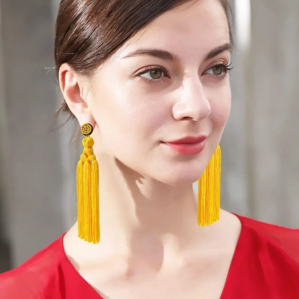 Long Yellow Hand Woven Tassel Knot Fringe Boho Dangling Drop Post Back Earrings - Picture 2 of 6